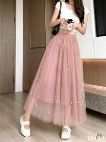 Saia midi de tule com aplicações de miçangas  Pérolas    Formal e Noturno - Rosa chiclete - Visão 1