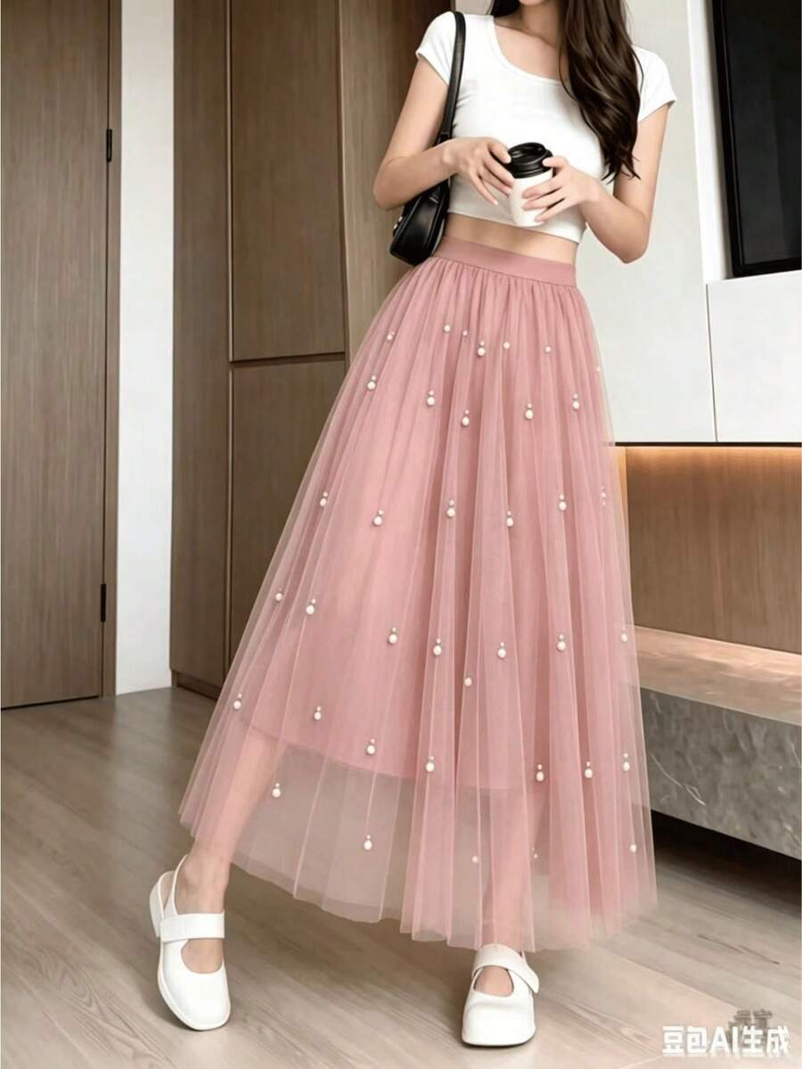 Saia midi de tule com aplicações de miçangas  Pérolas    Formal e Noturno - Rosa chiclete - Visão 1
