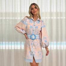 Linen Dress, Casual Style With Slit And Adjustable Belt, Best-Selling Model For Women - 藍色 - 查看 2