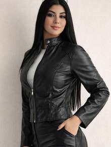 Women's Luxury Premium Faux Leather Jacket With Front Zipper, Sculptural Fitted Cut And Impeccable Drape. - .黑色的 - 查看 2