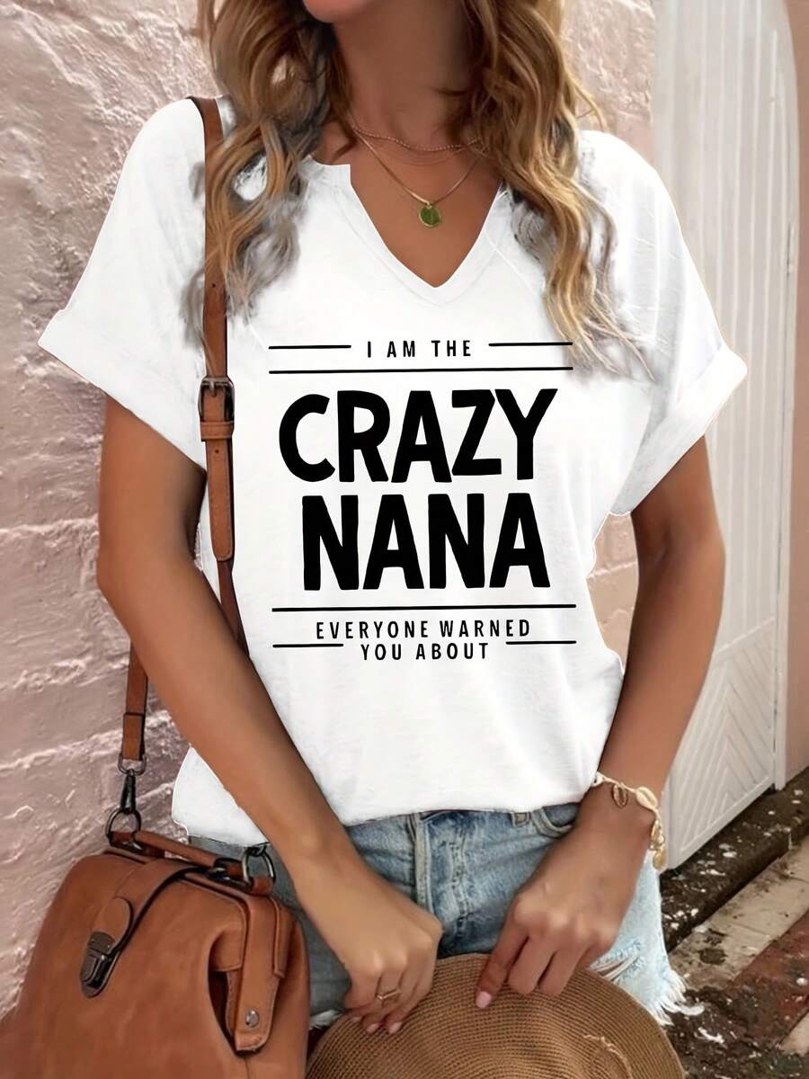 I'M THE CRAZY GRANDMA EVERYONE WARNED YOU ABOUT, Letter Print T-Shirt, Short Sleeve, V-Neck, Casual Summer Top, Fashion Clothing For Women - 白色 - 查看 1