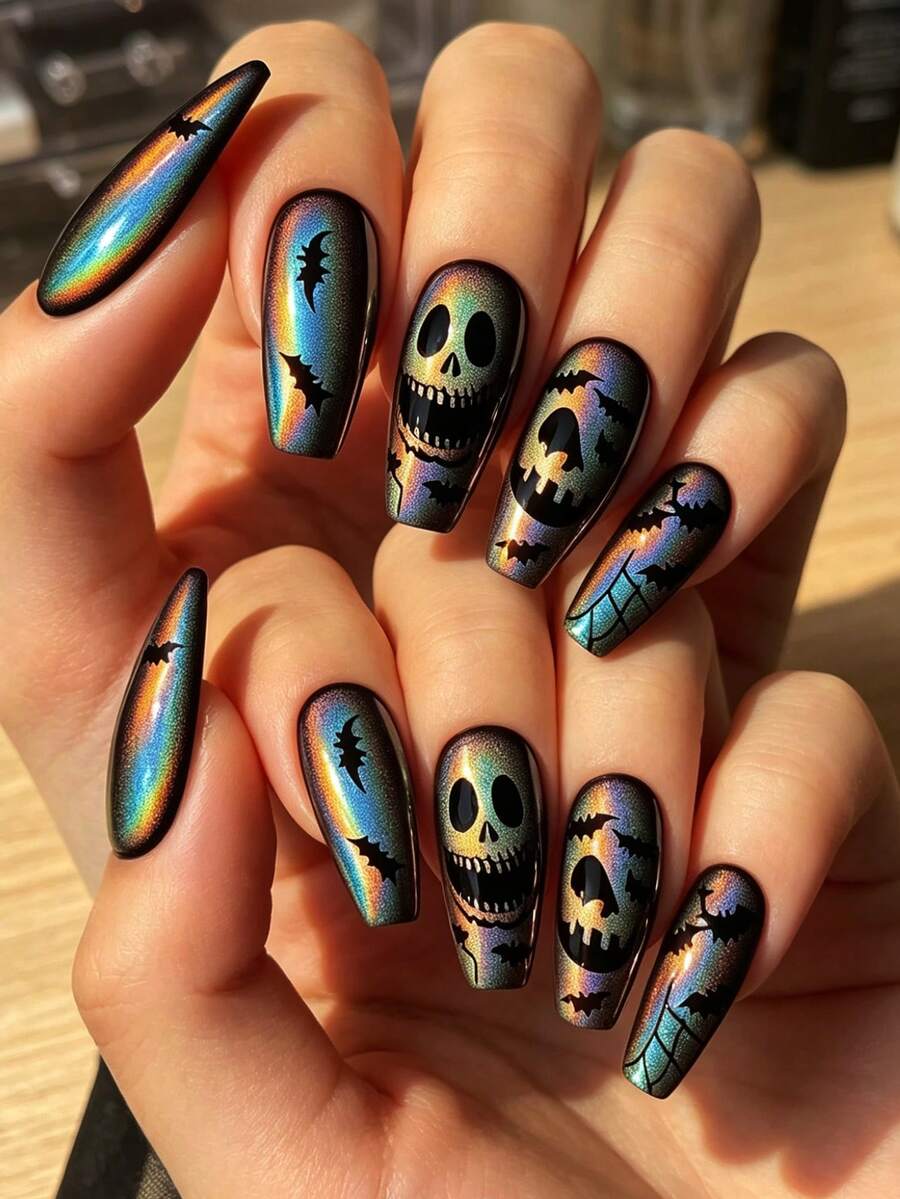 24pcs Halloween Mid-Length Glossy Black Bat Pattern Fashionable French Elegant Gradient Press-On Nails, Easy To Remove And Reusable, Multi-Color Nail Stickers For Travel, Party, Events And Holidays - Black - View 1