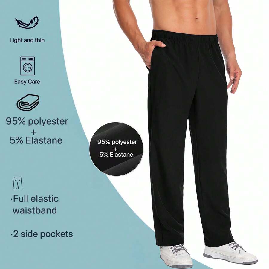 Men's Solid Drawstring Elastic Waist Pleated Pants, Stretchy With Pockets Quick Dry Work Trousers - Black - View 1