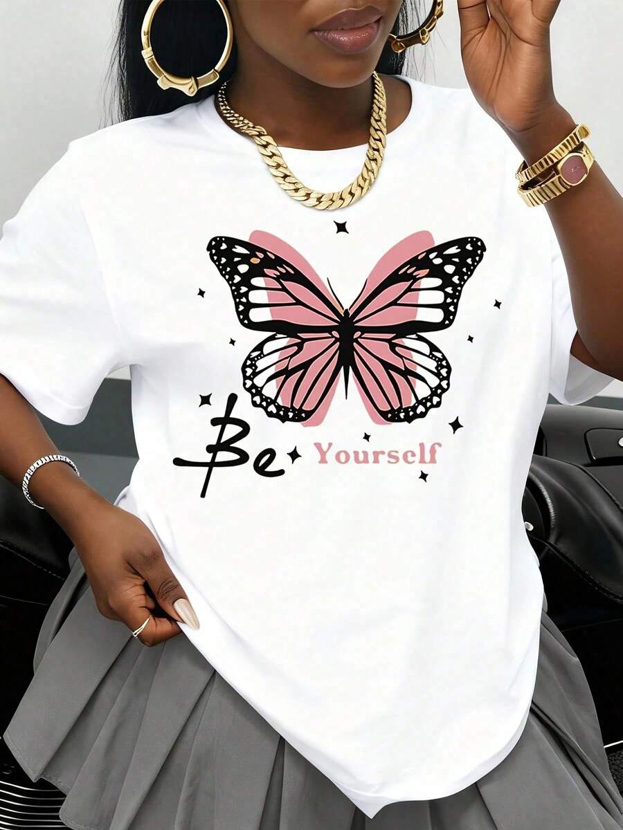 Women's White T-Shirt With Butterfly Print "Be Yourself", Fashionable Casual Top, Soft Cotton Loose Fit T-Shirt For Everyday Wear, Stylish Summer Garment - 白色 - 查看 1