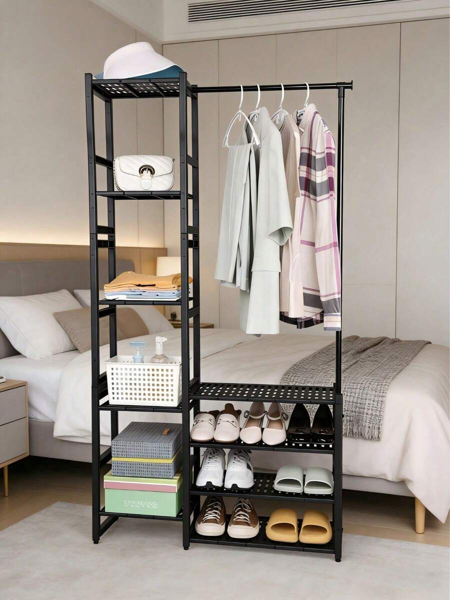 Multi-Functional Hanger With Divided Storage Areas To Save Space. Featuring A Hollow-Out Black Design And Open Storage, It Combines Storage And Hanging Functions, Suitable For Various Scenarios. - Random Color - View 1