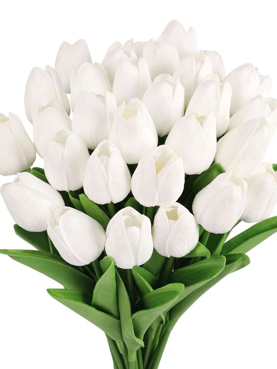 1/5/10/20pcs Artificial Tulips, Realistic Touch Gradient Pink Decorative Bouquet, Suitable For Home Decor, Valentine's Day Gift, Hotel, Party, Wedding, Tabletop Decoration, Beautiful And Odorless - White - View 1