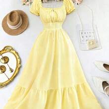 Nuevo vestido de mujer con textura trenzada de tela arrugada, mangas abullonadas, nudo delantero, espalda descubierta, cintura ceñida. Favorecedora, elegante - Albaricoque - Ver 4