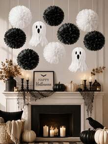 12/10/5pcs Ghost Honeycomb Paper Ball + Paper Flower Ball Combination Set, Cute White Decoration, Suitable For Birthday Party And Theme Party, Halloween Party Decoration, Black And White Tone Decorative Hanging, Living Room Staircase Entrance Decoration, Outdoor Garden Hanging Decoration, Yard Arrangement Birthday, Halloween Gothic Style - Decorative Pendant - View 1