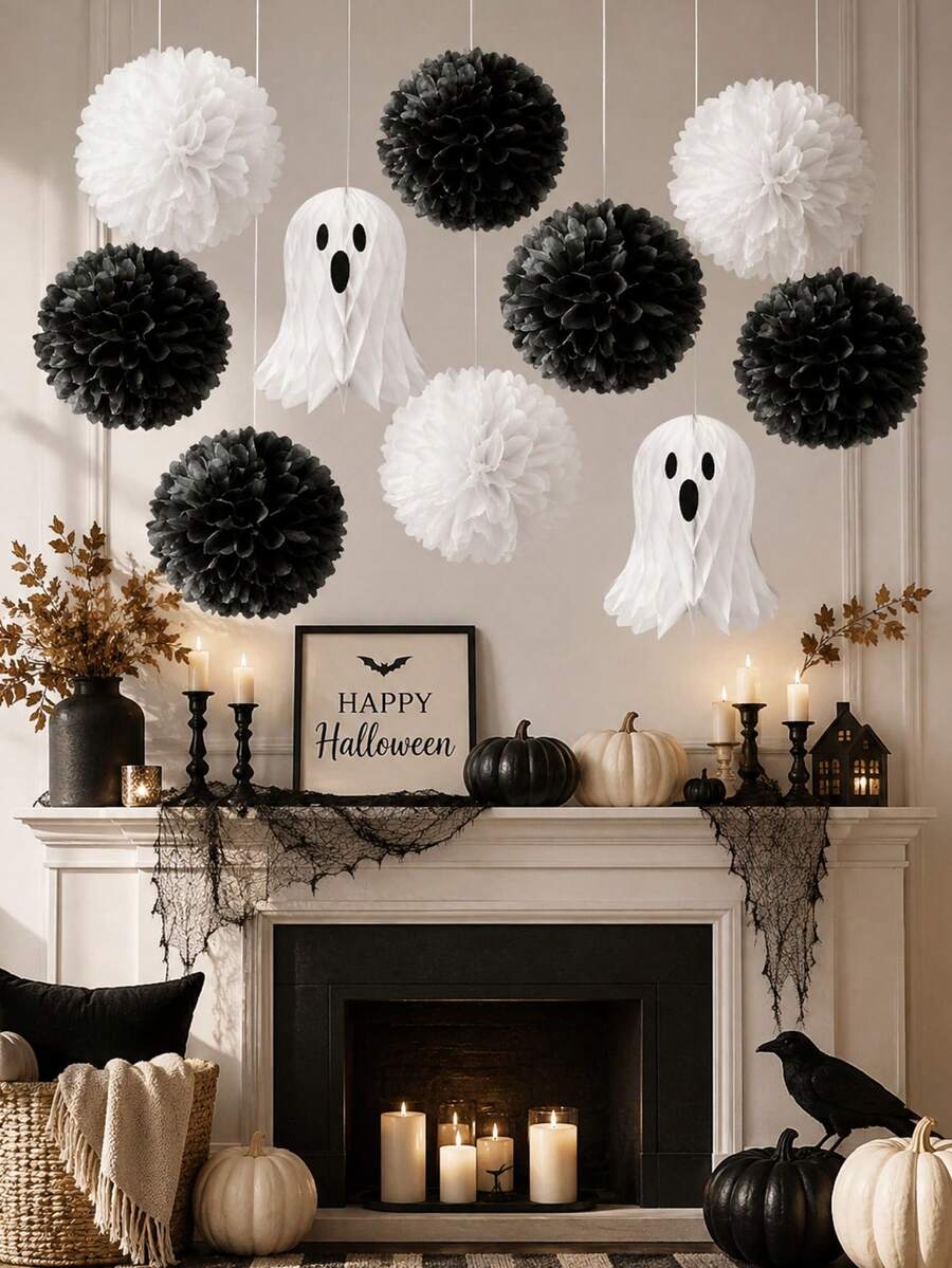 12/10/5pcs Ghost Honeycomb Paper Ball + Paper Flower Ball Combination Set, Cute White Decoration, Suitable For Birthday Party And Theme Party, Halloween Party Decoration, Black And White Tone Decorative Hanging, Living Room Staircase Entrance Decoration, Outdoor Garden Hanging Decoration, Yard Arrangement Birthday, Halloween Gothic Style - Decorative Pendant - View 1