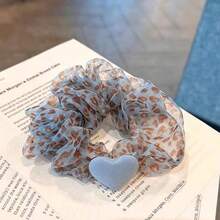 1pc Soft Pink & Blue Leopard Print Sheer Mesh 3D Fabric Heart Scrunchie, Sweet Girly Elastic Hair Tie, Korean Style Soft & Spicy Aesthetic, Youthful Hair Accessory For Students, Daily Commute, Bestie Dates, Spring Outings Ponytail Elastics Rubber Bands - Multicolor - View 5
