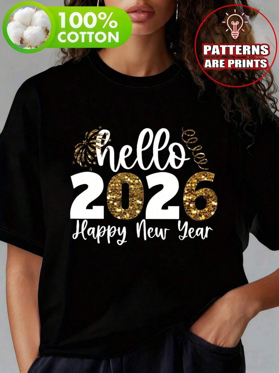 Woen' Heo 2626 T-Shirt, Happy New Year 2026 Graphic Print T-Shirt, Woen' Ooe Caua Crew Neck T-Shirt, Goodbye 2025 Heo 2025 Thee Cothin, New Year 2026 T-Shirt QJW8 - 黑色 - 查看 1
