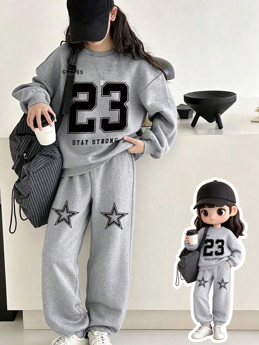 2pcs Tween Girls Sweatshirt & Joggers Set, "23" Print, Soft Fabric, Sporty Casual Everyday Wear - Grey - View 1