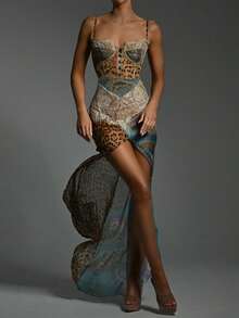 Vestido largo gasa tirantes sin hombros con abertura estilo chica sexy verano - Azul - Ver 3