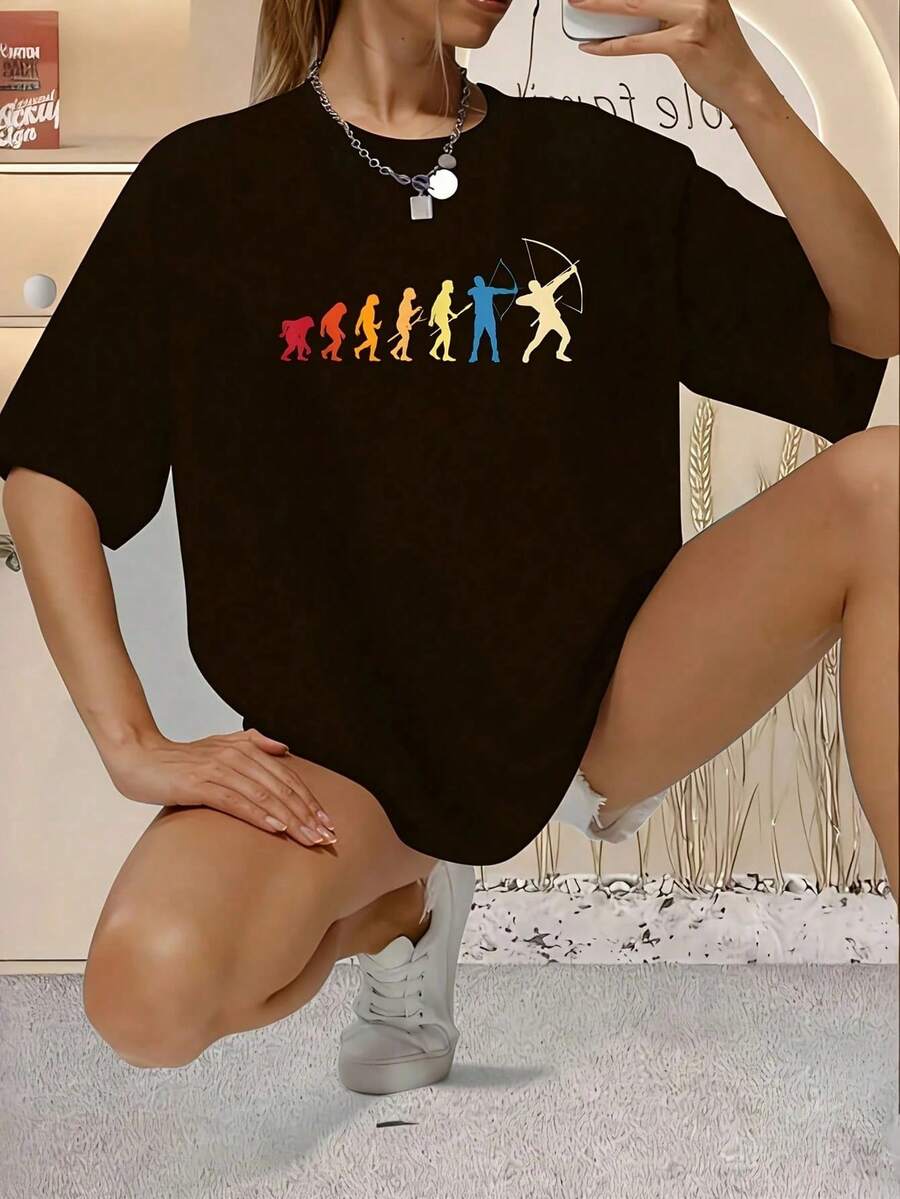 Camiseta de Talla Grande para Mujer, Estilo Oversize, con Gráficos, Manga Corta, 220g, 100% Poliéster, Novedosa, Cuello Redondo Casual, para Entusiastas de la Caza con Arco y Tiro con Arco - Negro - Ver 1
