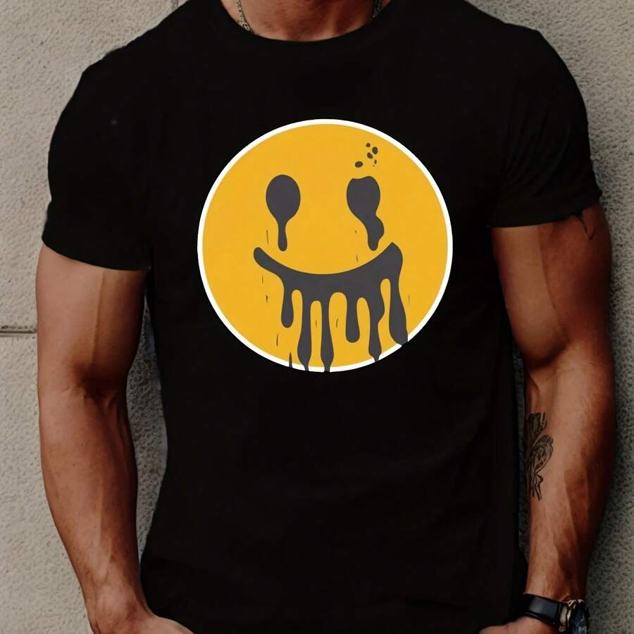 Camiseta con estampado de cara sonriente para hombre, camiseta informal de manga corta con cuello redondo, camiseta cómoda y transpirable de verano - Multicolor - Ver 1