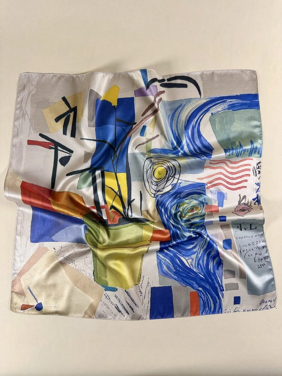 1件女款星空波浪藝術印花正方形緞面圍巾,創意塗鴉花卉頸巾,優雅領結髮飾 - 彩色 - 查看 1