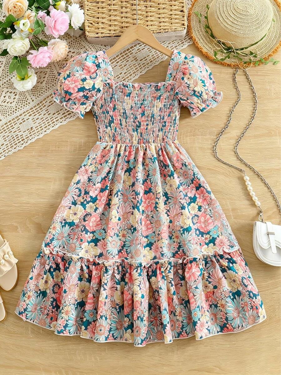 Vestido de princesa para niña preadolescente con decoración de volantes en mangas y bajo con estampado de corazones, atuendo para playa, vacaciones y fiestas de verano