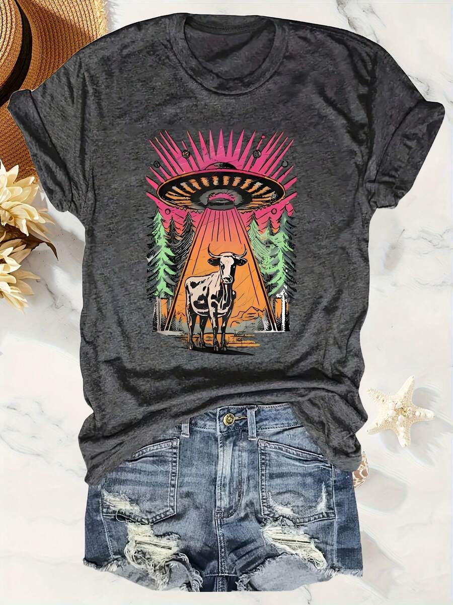 Talla - Talla - Camiseta de Talla con Estampado Gráfico de Letras de Abducción de Vacas OVNI, Top Casual de Manga Corta y Cuello Redondo, Verano y Primavera, Ropa de Tal - Blanco - Ver 1