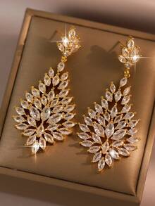 1 Pair Luxury Shiny Marquise Cubic Zirconia Pendant Earrings, Gold Leaf Shape Dangle Earrings, Elegant Bridal Wedding Party Women's - Yellow Gold - View 1
