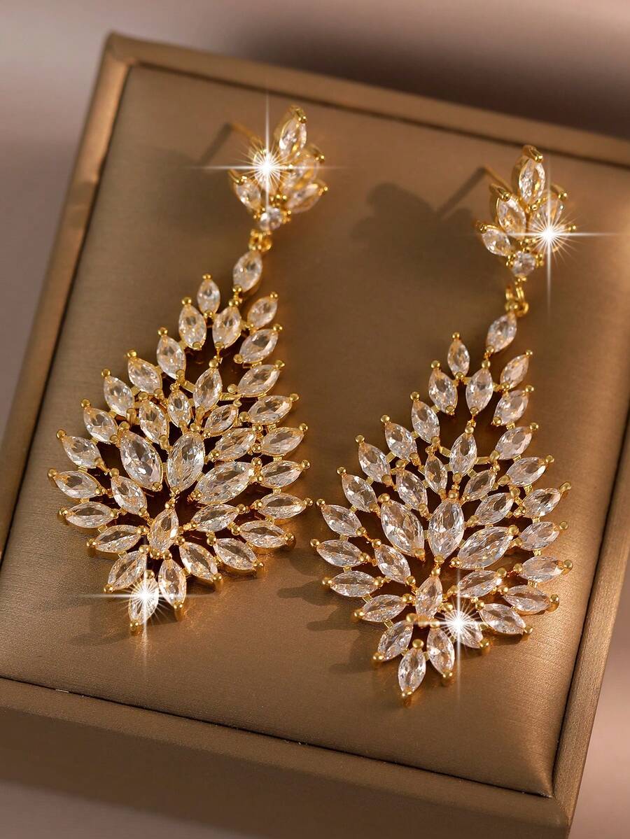 1 Pair Luxury Shiny Marquise Cubic Zirconia Pendant Earrings, Gold Leaf Shape Dangle Earrings, Elegant Bridal Wedding Party Women's - Yellow Gold - View 1