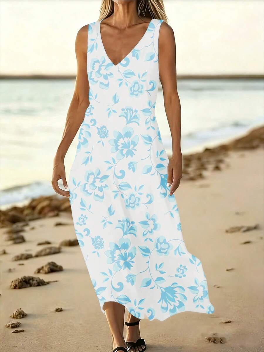V Neck Sleeveless Dress Floral Print Printed Long Dress Beach Dresses Summer Vacation Wedding Gift For Women - 彩色 - 查看 1