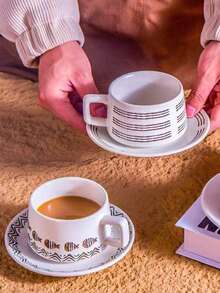1pc Ceramic Coffee Cup Set, Elegant Vintage Cup, Light Luxury High-End, Cafe Afternoon Tea Ceramic Cup And Saucer - Multicolor - View 2