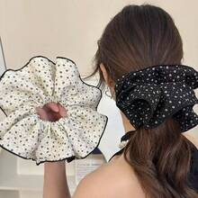 Korean-Style Fabric Floral Large Scrunchie, Elegant Polka Dot Edged Hair Tie,Stylish Versatile Hair Flower Accessory, Dot Pattern Polyester Scrunchie - Multicolor - View 1