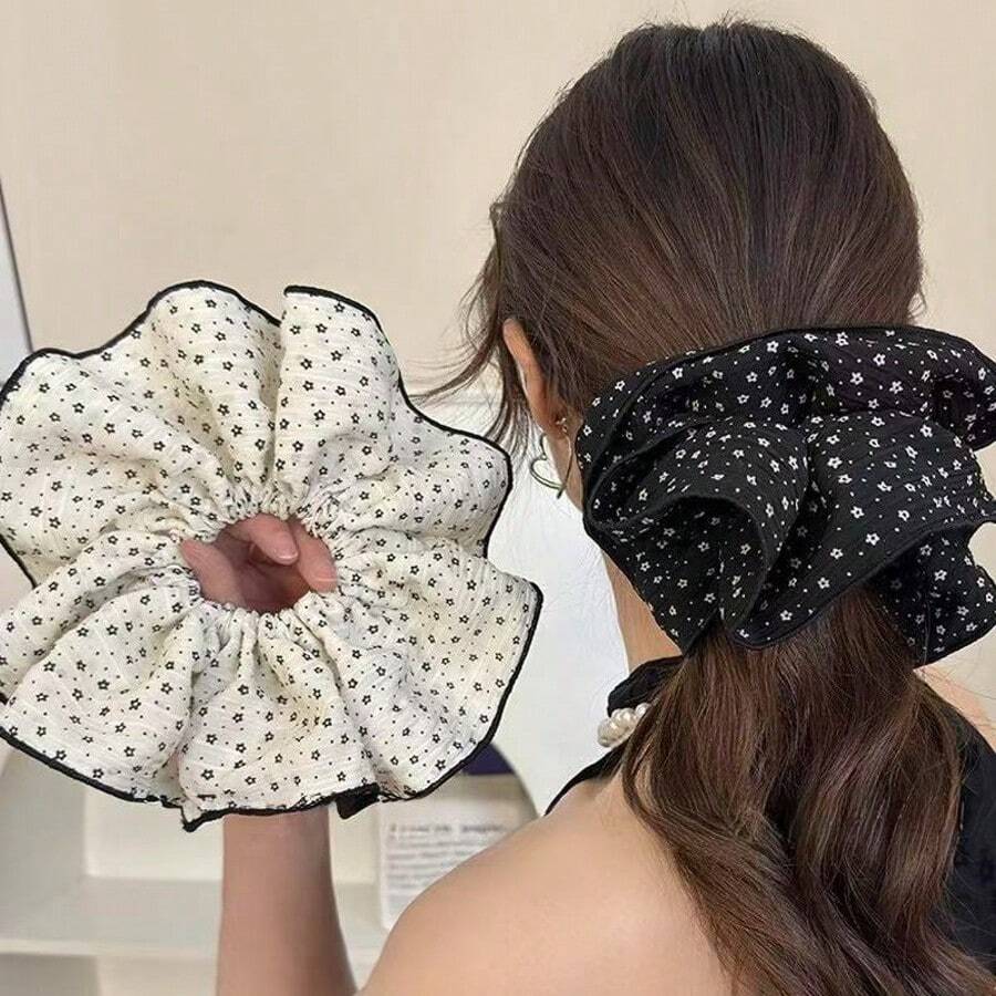 Korean-Style Fabric Floral Large Scrunchie, Elegant Polka Dot Edged Hair Tie,Stylish Versatile Hair Flower Accessory, Dot Pattern Polyester Scrunchie - Multicolor - View 1