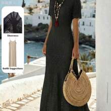 xuehuamaoyi02  Vestido de punto para mujer de estilo europeo y americano, de primavera/verano 2026, con cintura ajustada, casual, de vacaciones, para uso diario, - Negro01 - Ver 1