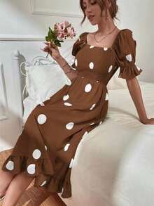 Sweet Feminine Dress With Large Polka Dots And Scalloped Edges - Coffee - View 2
