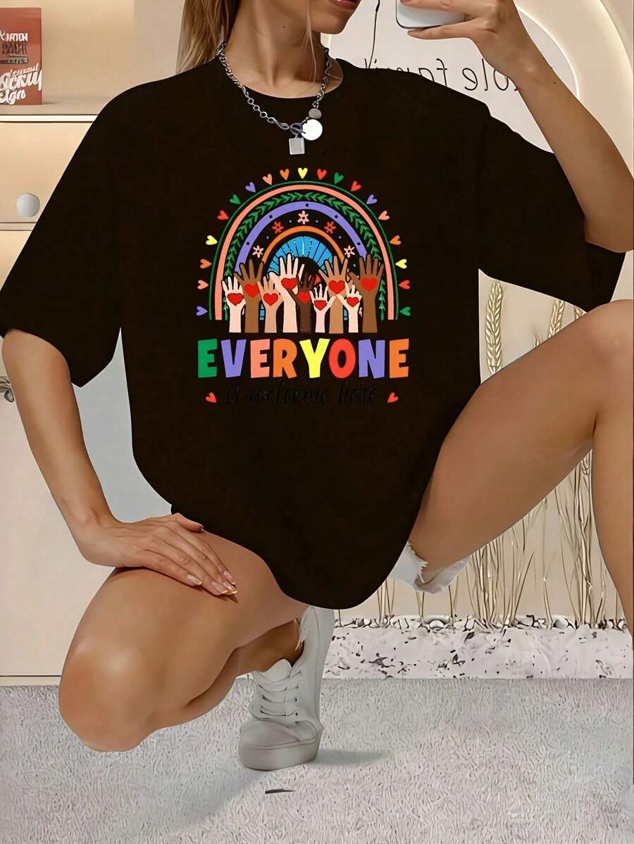 Everyone Is Welcome Here, Equality Gift: 1 Plus Size Women's T-Shirt, Graphic Print, Short Sleeve, 220g, Novelty, 100% Polyester, Casual Crew Neck T-Shirt. - 黑色 - 查看 1