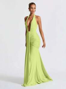 Vestido largo plisado cuello V profundo espalda descubierta ajustado sexy estilo europeo moda verano - Verde - Ver 7
