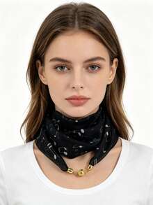1pc Women's Music Note Print Magnetic Buckle Square Scarf, Lightweight Faux Silk Material, Scarf With Built-In Buckle - Multicolor - View 3