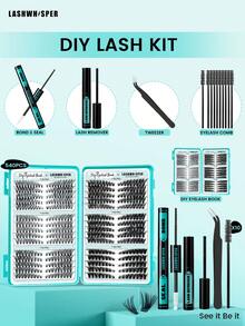 DIY Eyelash Extension Kit, 30-100D Fluffy Cluster False Eyelashes, Create Natural Lightweight Makeup Effect, Length 9-16mm, D Curl, Double-Ended Adhesive And Sealing Liquid, Remover, Tweezers And Eyelash Comb - Baby Blue - View 1