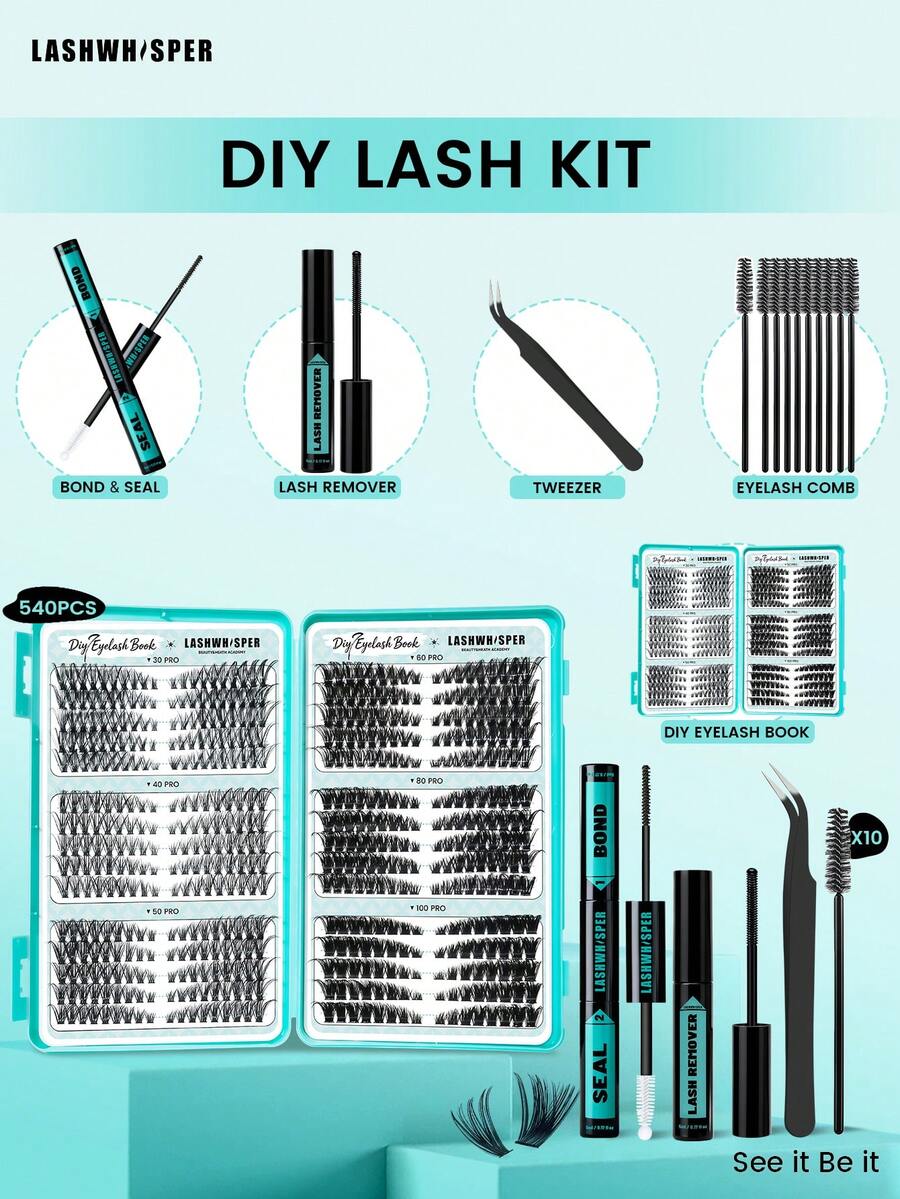 DIY Eyelash Extension Kit, 30-100D Fluffy Cluster False Eyelashes, Create Natural Lightweight Makeup Effect, Length 9-16mm, D Curl, Double-Ended Adhesive And Sealing Liquid, Remover, Tweezers And Eyelash Comb - Baby Blue - View 1