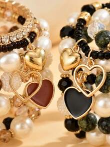 5pcs Elegant Vintage Fashion ABS Faux Pearl Oil Drop Heart Pendant Rhinestone Faux Crystal Beaded Bracelet Set For Women, Suitable For Daily Commute, Party, Beach Vacation Wear - Heart-shaped Pearl Bracelet Set - View 5