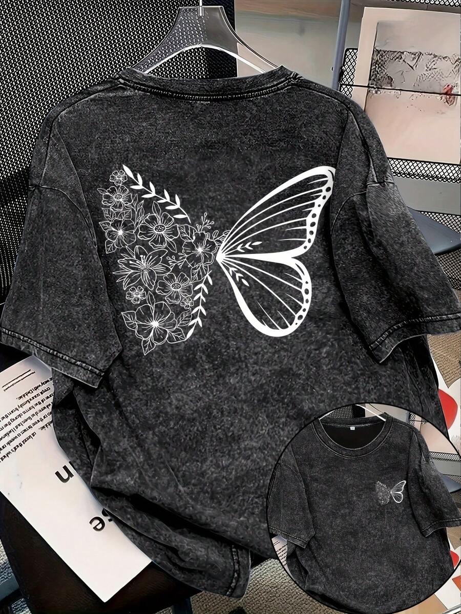Men's And Women's 100% Cotton T-Shirt With Double-Sided Butterfly Print, Retro Style And Snow Effect Wash, A Stylish And Versatile T-Shirt, A Must-Have For Urban Women's Fashion - 黑色 - 查看 1