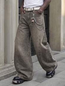 1Pc Of Men's Patchwork Deconstructed Baggy Wide-Leg Jeans, American Retro Deconstructed Denim Pants - Light Grey - View 5