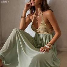 jianchaimaoyi02  Vestido elegante y sexy con escote en V profundo, hecho de ganchillo y parches de malla, para mujer. Ideal para vacaciones, atuendo de playa y vestidos de - Caqui - Ver 4