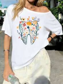 Fun Off-The-Shoulder Floral Print Dental-Themed T-Shirt, Suitable For Dental Teams, Dental Assistants, Dentists, And Other Dental Professionals. - 黑 - 查看 1