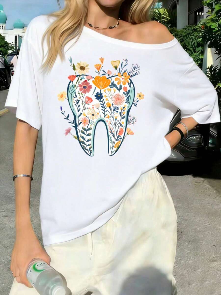 Fun Off-The-Shoulder Floral Print Dental-Themed T-Shirt, Suitable For Dental Teams, Dental Assistants, Dentists, And Other Dental Professionals. - 黑 - 查看 1