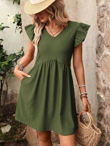 REFRESH YOUR WARDROBE NOW! French-Style Day Dress, V-Neck, Short Sleeves With Romantic Ruffles, Wide And Flowing Skirt, The Essence Of Country Chic For Walks In The Sun - Army Green - View 3
