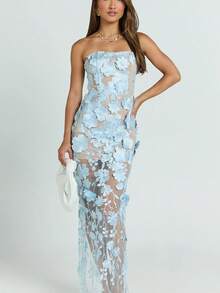 Women's Strapless Dress With Three-Dimensional Flowers, French Style, Luxurious, Lightweight, Elegant, Ideal For Parties, Ladies, Summer, Casual Fashion, New Collection - 藍色 - 查看 8