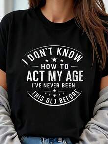 ACT MY AGE (4) 1 Pieza Camiseta de Talla Grande para Mujer, Camiseta Gráfica Oversize de Manga Corta 220g, Novedosa, 100% Poliéster, Camiseta Casual de Cuello Redondo - Negro - Ver 1