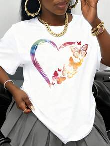 Women's White T-Shirt With Colorful Hearts And Butterflies Design, Casual Summer Top, Fashion Graphic Tee For Everyday Wear, Valentine's Day Gift Idea - 白色 - 查看 1