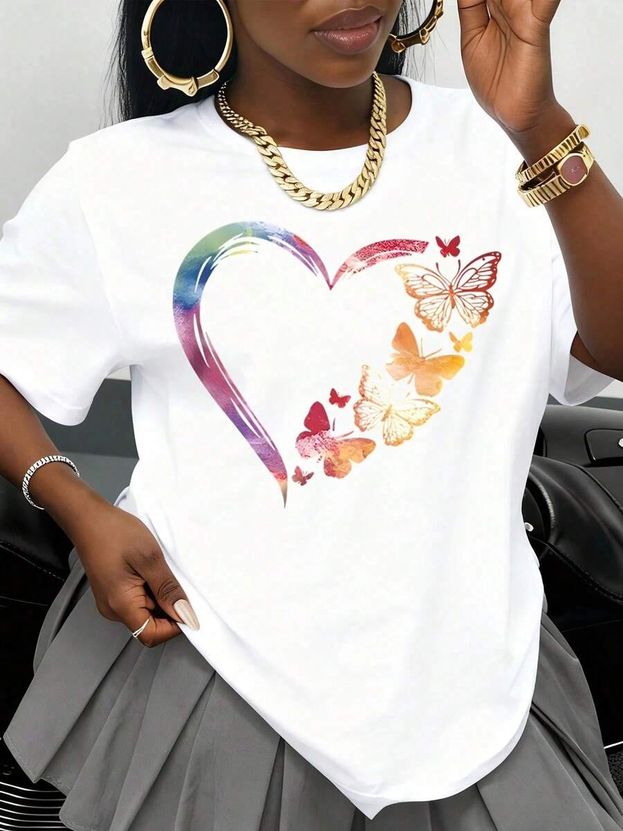 Women's White T-Shirt With Colorful Hearts And Butterflies Design, Casual Summer Top, Fashion Graphic Tee For Everyday Wear, Valentine's Day Gift Idea - 白色 - 查看 1