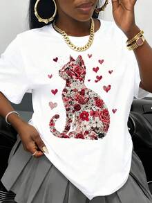 Camiseta Blanca con Estampado Floral de Gato para Mujer, Camiseta Gráfica de Moda con Diseño de Rosas y Corazones para el Día de San Valentín y Uso Diario - Blanco - Ver 1