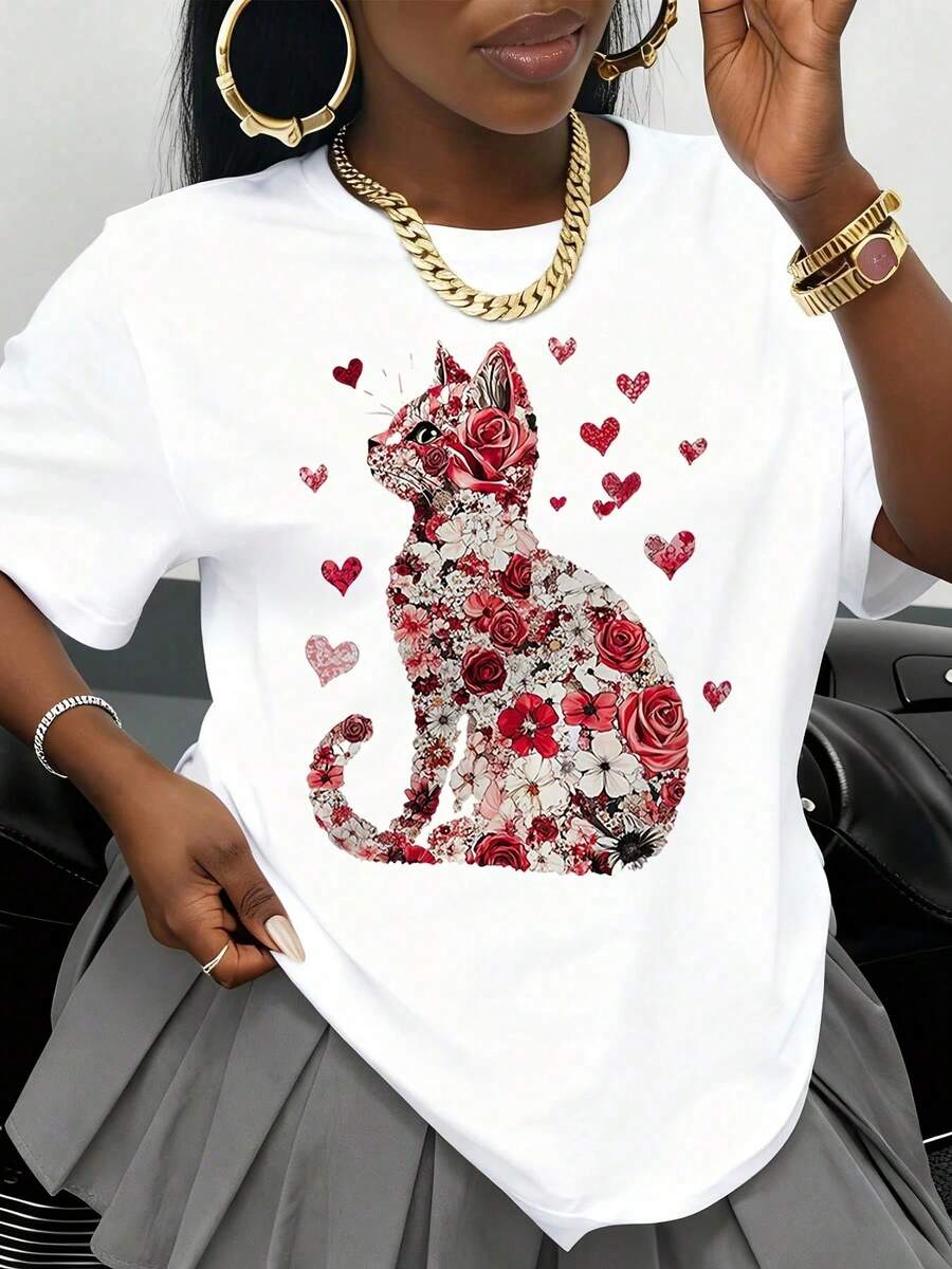 Camiseta Blanca con Estampado Floral de Gato para Mujer, Camiseta Gráfica de Moda con Diseño de Rosas y Corazones para el Día de San Valentín y Uso Diario - Blanco - Ver 1