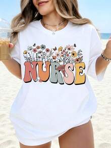 Camiseta de Enfermera con Diseño Floral para Mujer, Verano, Playa, Casual, Talla Grande, Blanca, con Estampado Gráfico, Regalo para Enfermeras, Uso en Cumpleaños y Vacaciones - Blanco - Ver 1