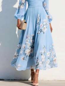 Elegant Women's Dress With Floral Pattern, Pleated Texture, And Flowing Cut - 藍色 - 查看 3